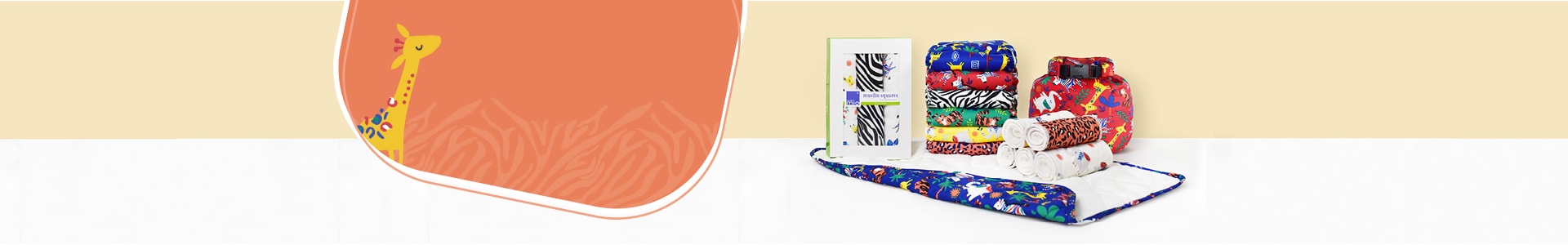 Banner della collezione safari di Bambino Mio con le fantasie dei prodotti della stessa collezione