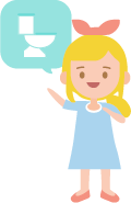 Icona di una bambina con il fumetto contente un water per comunicare ai genitori il suo bisogno dei servizi igienici